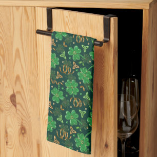 St Patricks day Gold Trefoil Ribbon Lucky Shamrock Tea Towel