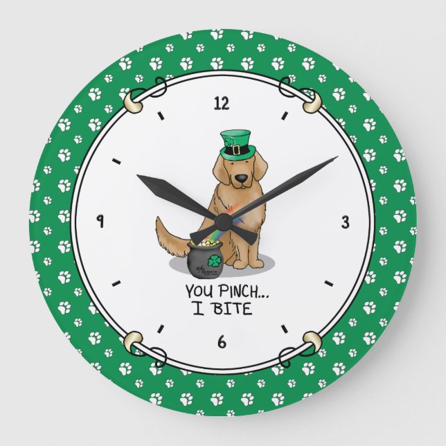 St. Patrick's Day Golden Retriever Dog Large Clock (Front)