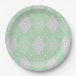 St Patricks Day Green and Grey Argyle Baby Shower Paper Plate