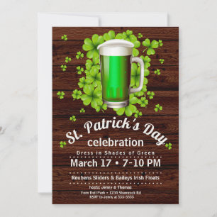 St. Patrick's Day Green Beer & Shamrocks on Wood Invitation