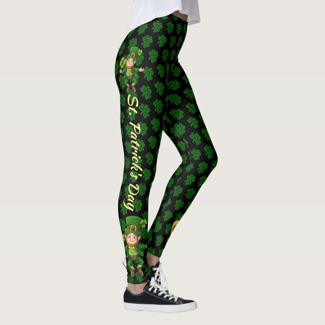St Patrick's Day Green & Black Personalise Text Leggings (Right)