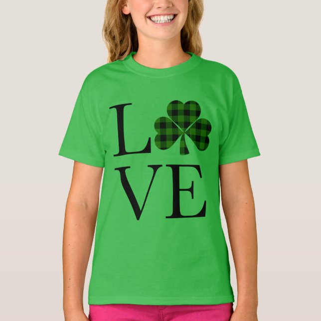 St.Patricks day green black plaid clover love T-Shirt (Front)