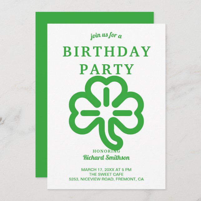 St. Patrick's Day Green Clover Birthday Party Invitation (Front/Back)