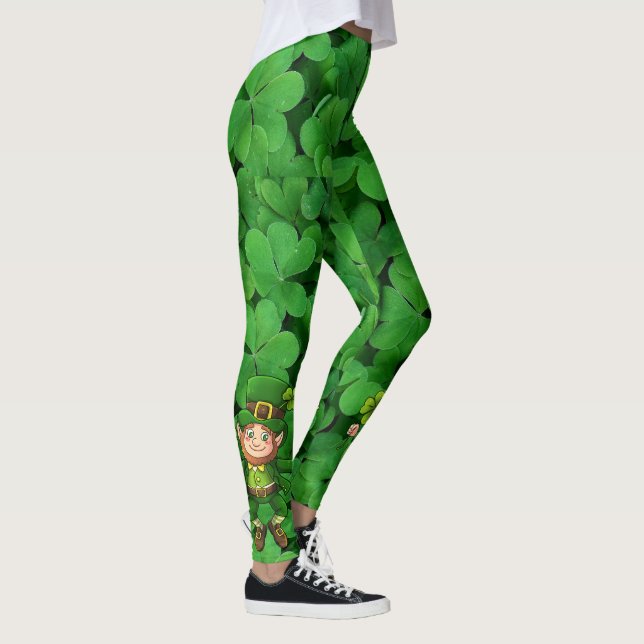 St. Patrick's Day Green Clover Dancing Leprechaun Leggings (Right)