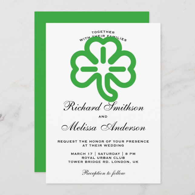 St. Patrick's Day Green Clover Wedding Invitation (Front/Back)