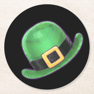 St Patricks Day Green Derby Hat on Black Round Paper Coaster
