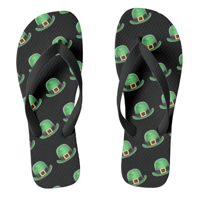 St Patrick's Day Green Derby Hat Pattern on Black Thongs (Footbed)