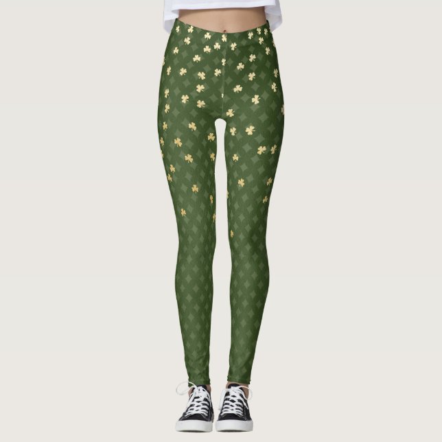 St Patrick's Day Green Diamond Gold Shamrock Leggings (Front)