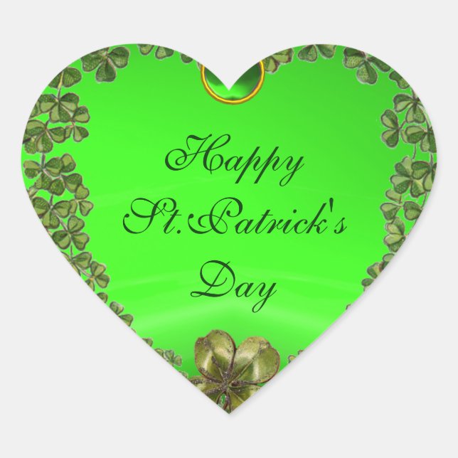 ST.PATRICK'S DAY GREEN EMERALD GEM SHAMROCK HEART STICKER (Front)