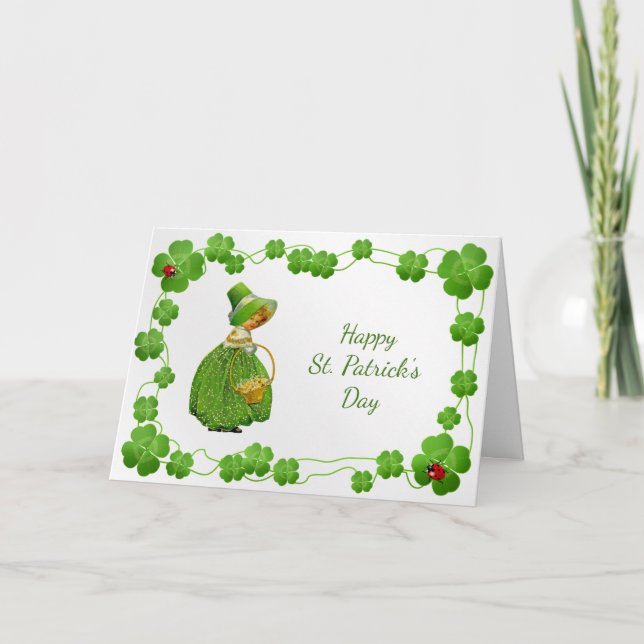 St Patricks Day Green Girl Shamrocks Holiday Card (Front)