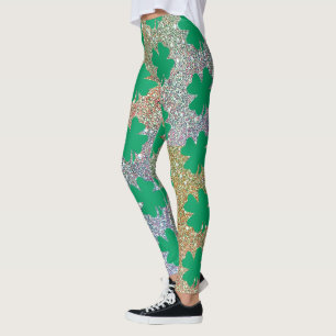 St Patrick's Day Green Gold Glitter Shamrock Leaf  Leggings