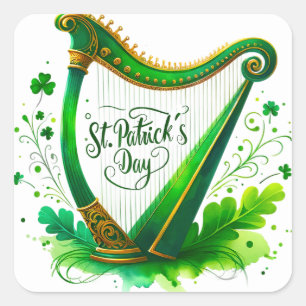 St Patricks Day Green Harp Illustration Square Sticker