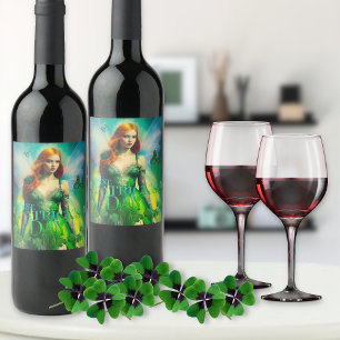 St Patrick's Day Green Irish Fairy 3 Leaf Clover Wine Label