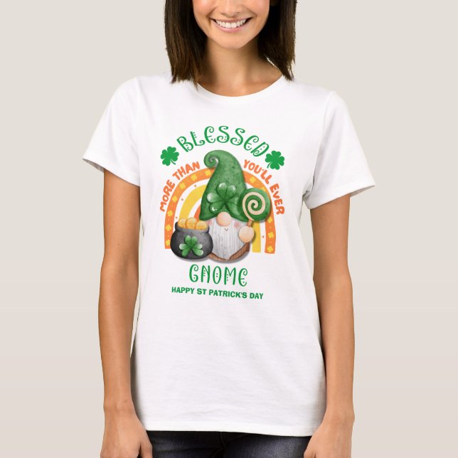 St Patricks Day Green Irish Gnome BLESSED T-Shirt (Front)