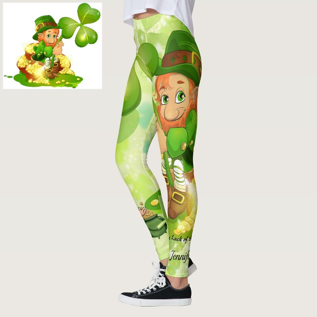 St Patrick's Day Green Leprechaun Personalize Name Leggings (Creator Uploaded)