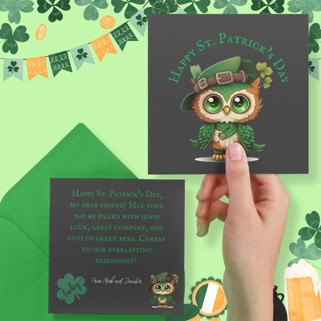 St. Patrick's Day Green Owl personalized flat card (St. Patrick's Day Green Owl personalized flat card)