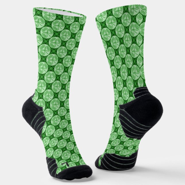 St. Patrick's Day Green Plaid Shamrock Pattern Socks (Angled)
