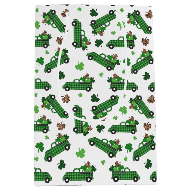 St Patricks Day Green Plaid Truck Clover Leaf  Medium Gift Bag (Front)