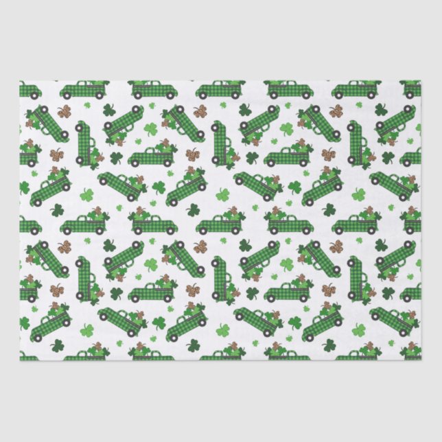 St Patricks Day Green Plaid Truck Clover Leaf  Tissue Paper (Front)