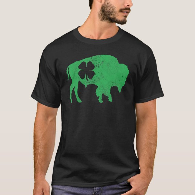 St Patrick's Day Green Shamrock Buffalo Bison Iris T-Shirt (Front)