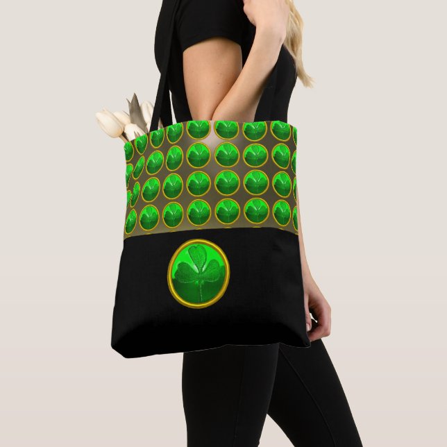 ST PATRICK'S DAY GREEN SHAMROCK GEMSTONE Black Tote Bag (Close Up)