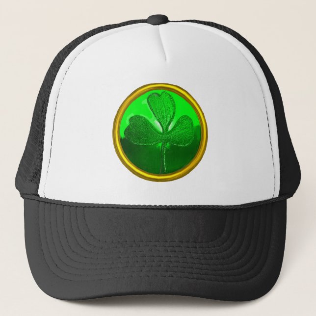 ST PATRICK'S DAY GREEN SHAMROCK GEMSTONE JEWEL TRUCKER HAT (Front)