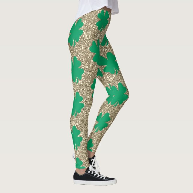 St Patrick's Day Green Shamrock Leaf Gold Glitter  Leggings (Right)