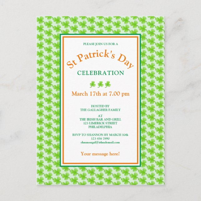 St Patrick's Day Green Shamrock Party Invitation Postcard (Front)