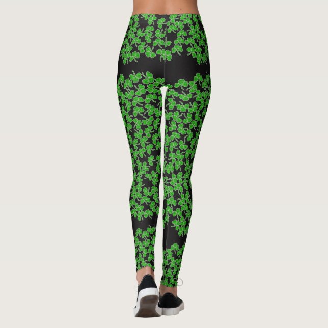 St Patricks Day Green Shamrock Pattern on Black Leggings (Back)