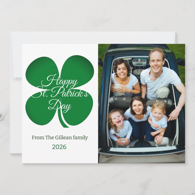 St. patrick's day Green Shamrocks family photo Hol Holiday Card (Front)
