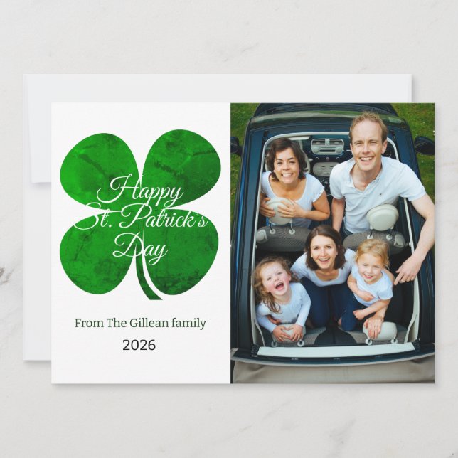 St. patrick's day Green Shamrocks family photo Holiday Card (Front)