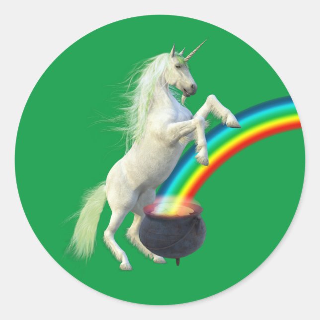 St. Patrick's Day Green Unicorn Rainbow Classic Round Sticker (Front)