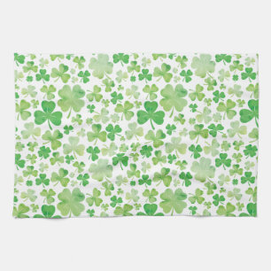 St Patricks Day Green Watercolour Shamrock Pattern Tea Towel