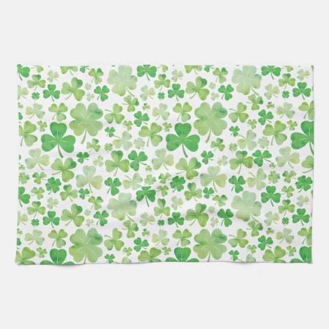 St Patricks Day Green Watercolour Shamrock Pattern Tea Towel (Horizontal)