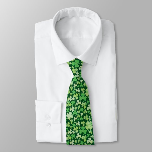St Patricks Day Green Watercolour Shamrock Pattern Tie (Tied)
