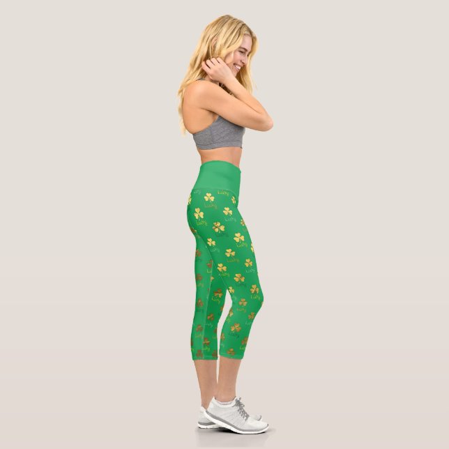 St. Patrick's Day Green with Gold Shamrocks  Capri Leggings (Right)