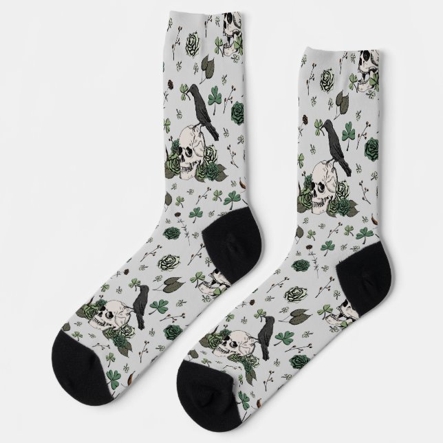 St Patrick's Day Grey & Green Skulls & Roses Socks (Left)