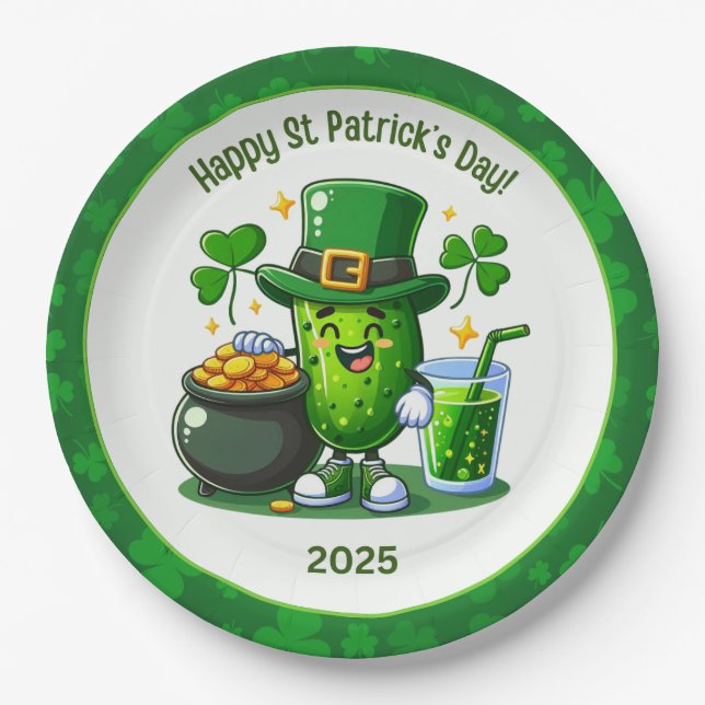St Patricks Day Happy Pickle Paper Plate (Front)