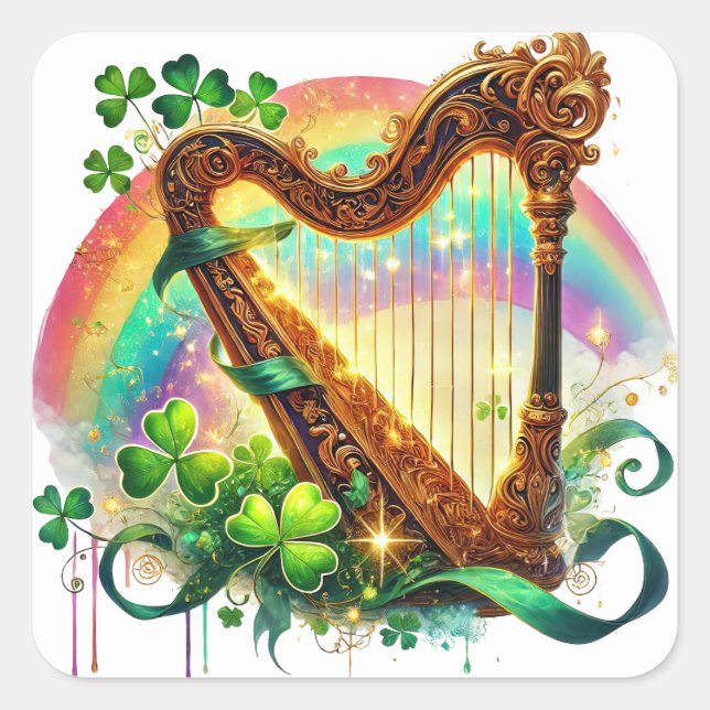 St Patricks Day Harp Illustration Square Sticker (Front)