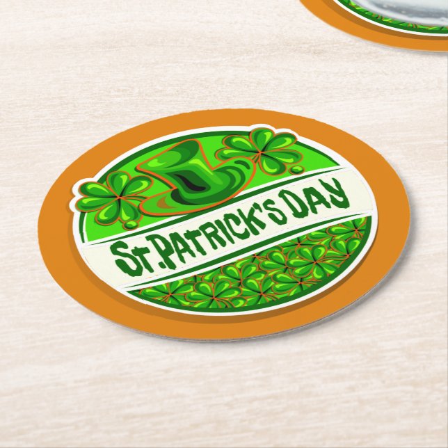 St Patrick's Day Hat Shamrocks Green Orange Round Paper Coaster (Angled)