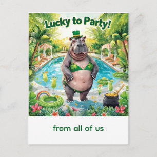 St. Patrick's day hippo pool party  Holiday Postcard