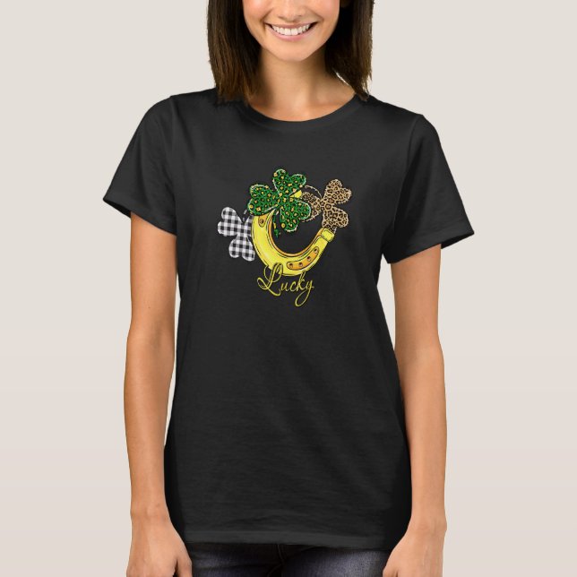 St Patricks Day Horse Shoe Leopard Lucky Shamrock  T-Shirt (Front)