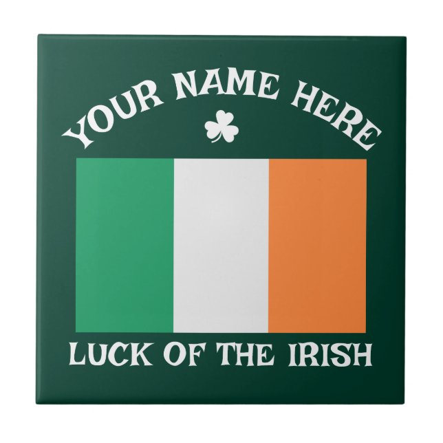 St Patrick's Day Ireland Flag Custom Name Shamrock Ceramic Tile (Front)