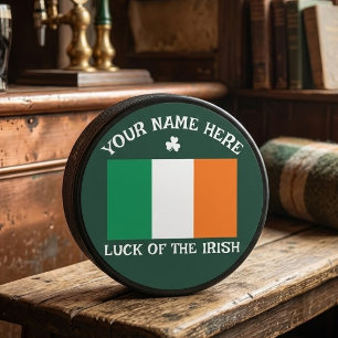 St Patrick's Day Ireland Flag Custom Name Shamrock Hockey Puck