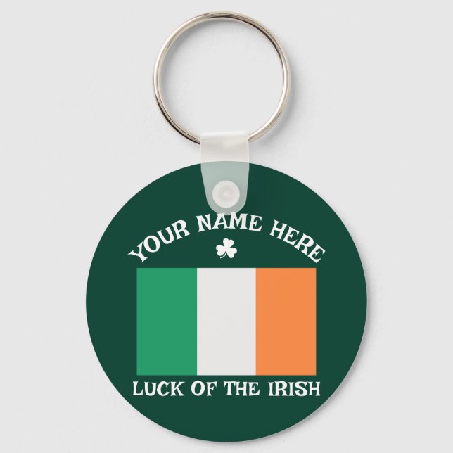 St Patrick's Day Ireland Flag Custom Name Shamrock Key Ring (Front)