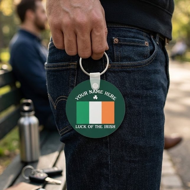 St Patrick's Day Ireland Flag Custom Name Shamrock Key Ring (Creator Uploaded)