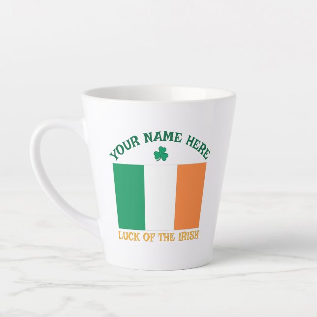 St Patrick's Day Ireland Flag Custom Name Shamrock Latte Mug (Left)
