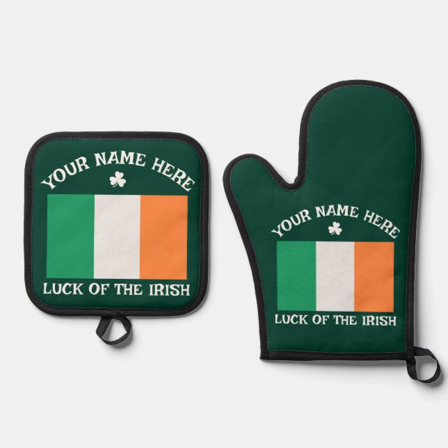 St Patrick's Day Ireland Flag Custom Name Shamrock Oven Mitt & Pot Holder Set (Front)