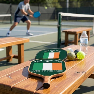 St Patrick's Day Ireland Flag Custom Name Shamrock Pickleball Paddle