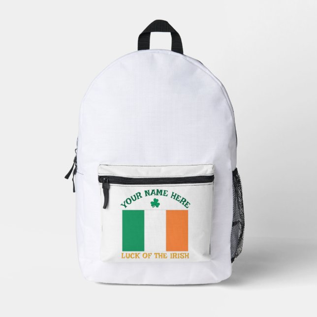 St Patrick's Day Ireland Flag Custom Name Shamrock Printed Backpack (Front)